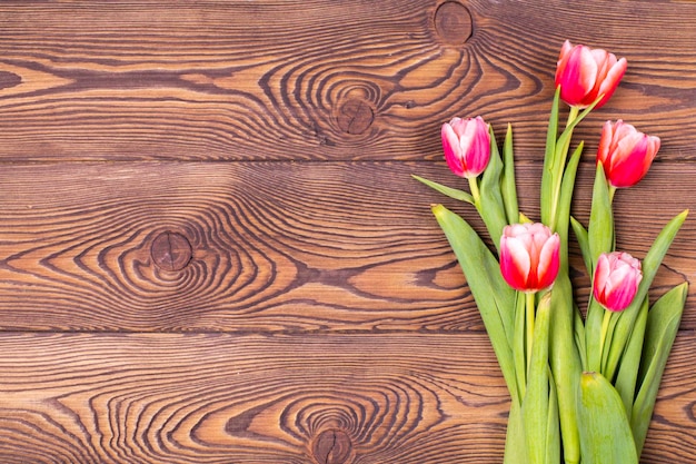 Redorange tulips on a wooden background with space for text Flat lay