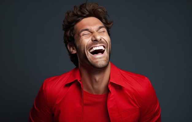 Redshirted man laughing