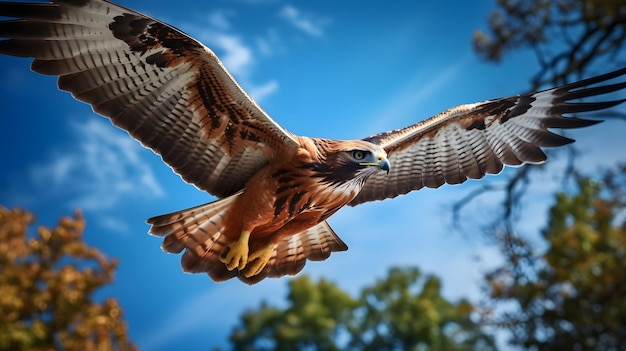 A redtailed hawk soars above the forest canopy