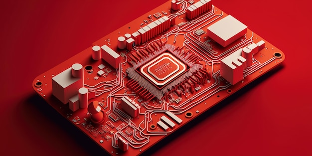 Redthemed circuit board in flat lay with integrated circuit