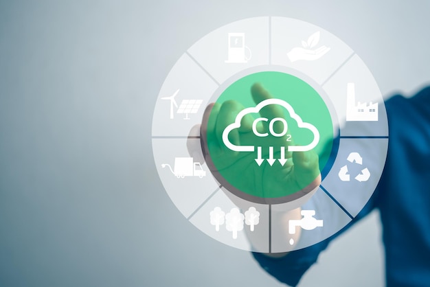 Ridurre le emissioni di co2 di carbonio sviluppo sostenibile e tecnologia dell'industria verde concetto di protezione dell'ambiente di energia elettrica da energia rinnovabile aziendale