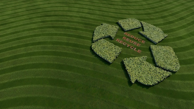 Reduce reuse recycle symbol on green grass background 3d rendering