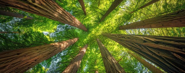 The redwood forest appears magnificent from below with a variety of tall trees rising skyward in their branches
