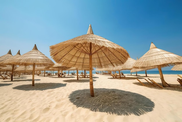 Reed beach umbrellas sunshades against blue sky on the beach