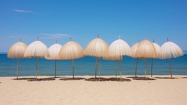 Reed beach umbrellas sunshades against blue sky