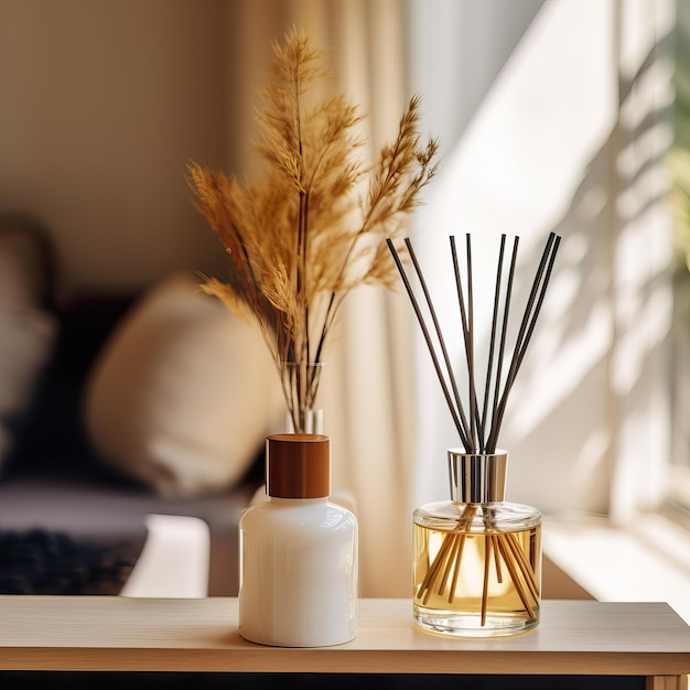 Reed diffuser bottle mockup aroma diffuser in luxurious beige and brown home interior decor front vi