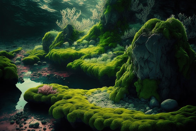 緑の苔に覆われたサンゴ礁