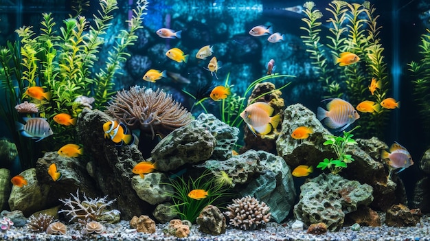 Photo reef tank marine aquarium full of fishes and plants tank filled with water for keeping live underwater animals gorgonaria clavularia zoanthus zebrasoma percula oxycirrhites typus bleeker