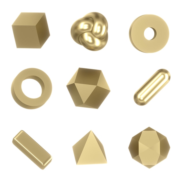 Reeks 3d Gouden Geometrische Vormenvoorwerpen Realistische meetkundeelementen die op witte achtergrond worden geïsoleerd