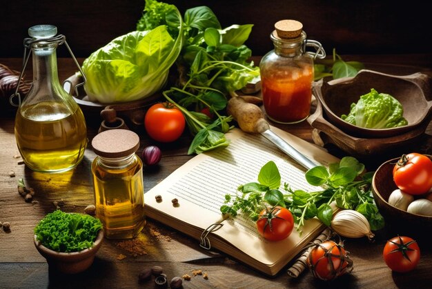 Reeks groenten en saladeingrediënten met leeg kookboek Generatieve AI