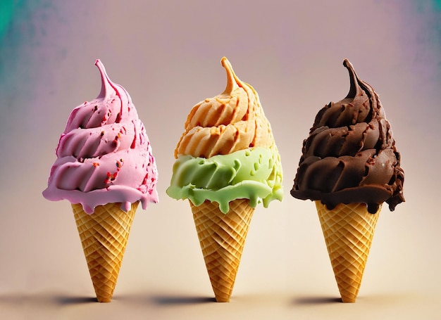 Foto reeks kleurrijke bevroren yoghurtijsjes in wafelkegels die op 3d illustratie als achtergrond worden geïsoleerd