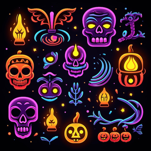 Reeks neonpictogrammen voor Halloween Halloween-illustratie op zwarte achtergrond