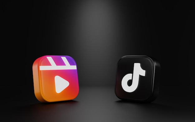 Reels and tiktok social media icon Social media 3d render icon on black background with lighting