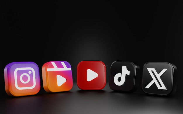 Reels and youtube instagram tiktok twitter x social media icon Social media 3d render icon