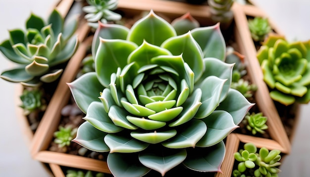 reen sappige plant in een geometrische driehoekige glazen pot geplaatst op een witte houten achtergrond