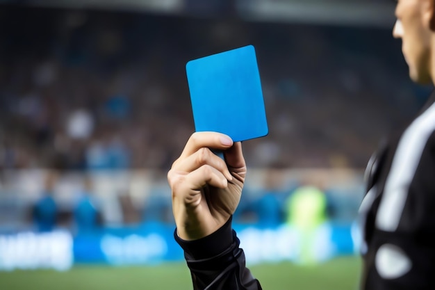 Referee Holding Blue Card on Football Match Field