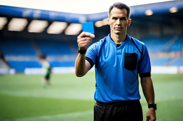 Referee Holding Blue Card on Football Match Field