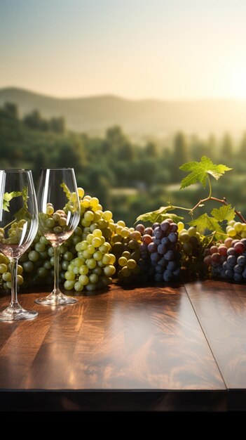 A refined dark wood countertop with a vineyard in the backdrop