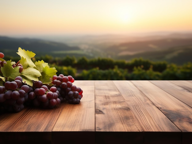 A refined dark wood countertop with a vineyard in the backdrop