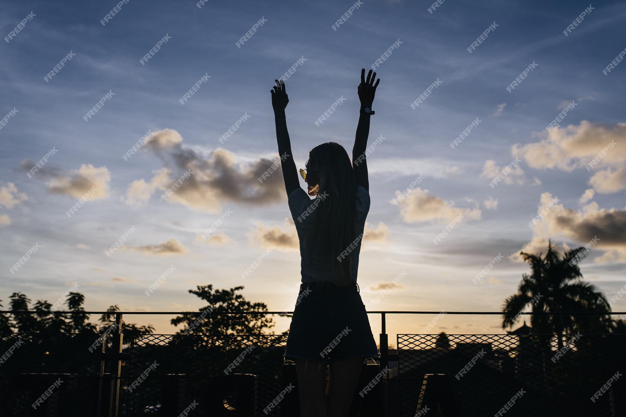 young woman with hands up. in the so-called t-pose used in 3D modeling of  human poses Stock Photo