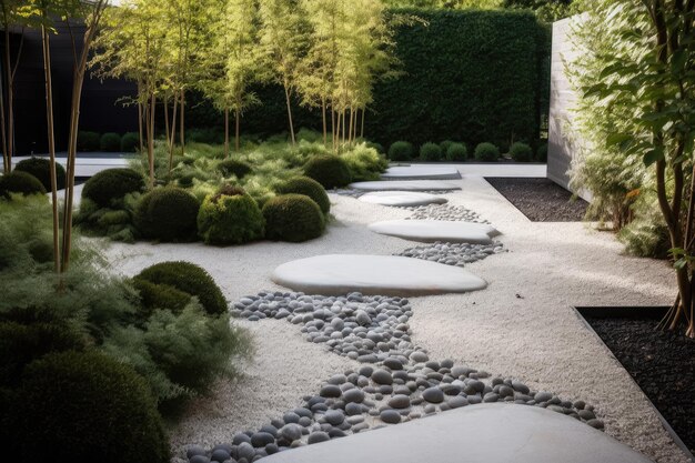 Refined and minimalist garden with paths of pebbles and stepping stones