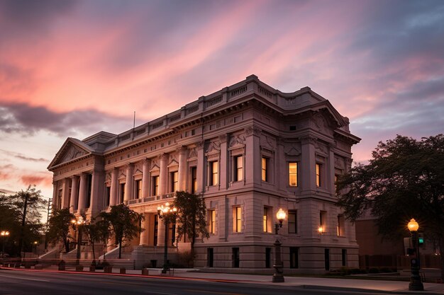 A refined and minimalistic capture of a courthouse building during dusk