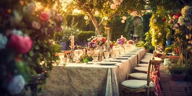 A refined opulent outdoor dining area set against a picturesque garden for an enchanting soiree