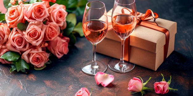 Photo a refined setting with sparkling rose wine in glasses coral roses and a craft gift box all laid out on a rich textured surface