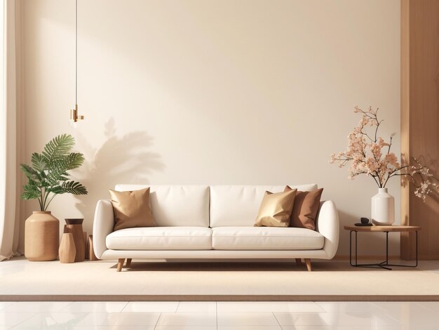 Refined Simplicity Living Room Wall Mockup met een lederen bank en decoratieve accenten