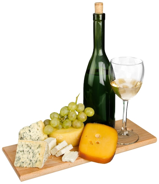 Refined still life of wine, cheese and grapes  on  background