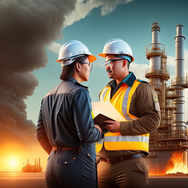 Инженер нефтеперерабатывающей промышленности работает и обсуждает