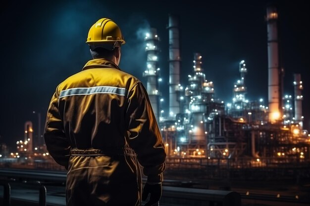 Photo refinery industry engineer wearing ppe working at refinery construction site