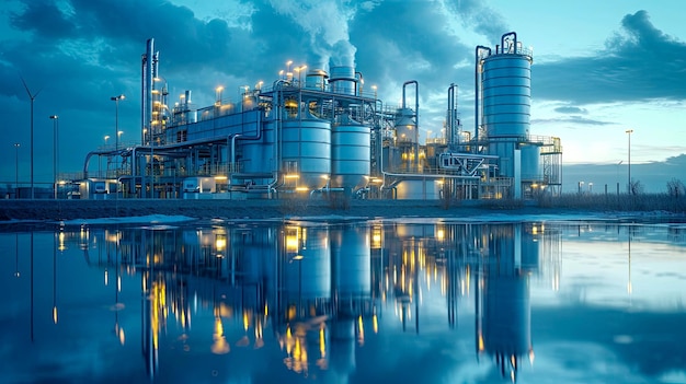 Refinery plant at night with reflection in wate