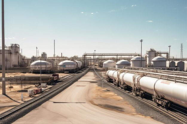 Refinery with lines of trucks and tankers delivering products to the facility