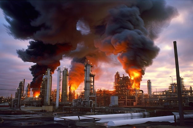 Refinery with smoke and flames emerging from the stacks processing oil for transportation