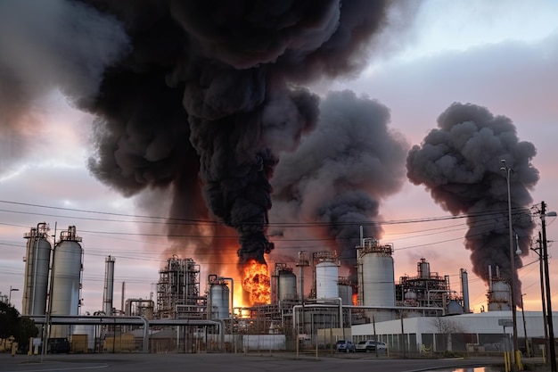 Refinery with smoke and flames rising from the furnaces