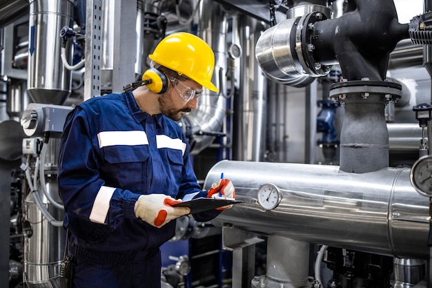 Refinery worker checking pipes pressure and natural gas supply in production plant