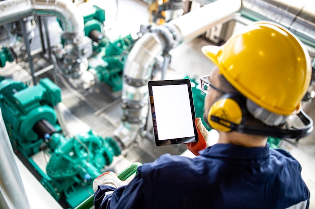 Foto lavoratore di raffineria con tablet digitale e controllo della produzione di petrolio greggio e gas