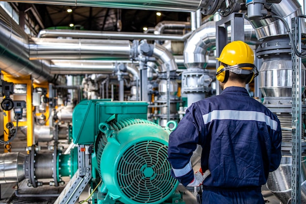 Работник нефтеперерабатывающего завода, стоящий у двигателей на газовом топливе внутри электростанции, проверяет производство электроэнергии