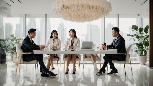 Reflect the elegance of Asian business culture with a pro photo featuring three professionals engage