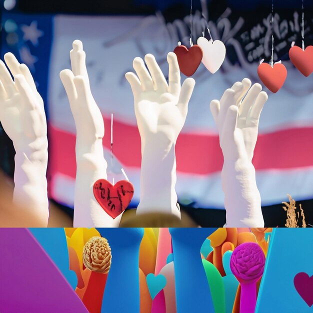 Reflect on the symbolism of hands hearts and love displayed at a concert held to celebrate peace