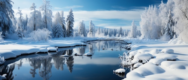 Foto reflecterende rivier in winter wonderland