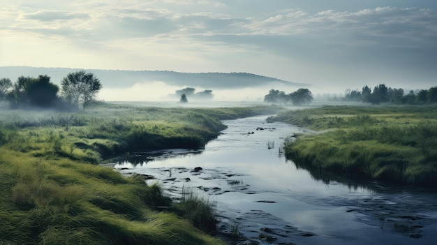 Reflectie natuur rivier mist landschap