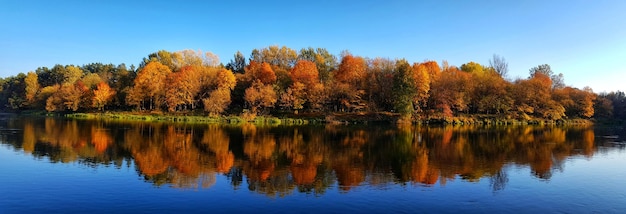 Foto reflectie van bomen in het meer tegen de lucht in de herfst