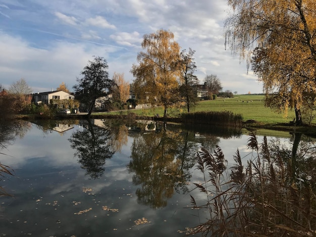 Foto reflectie van bomen in het meer tegen de lucht