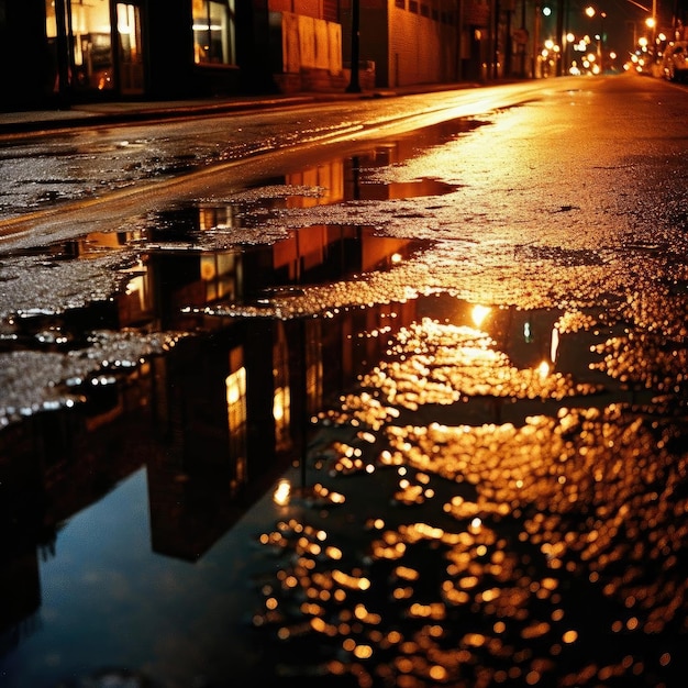 Foto reflectie van de stad in een plas water 's nachts