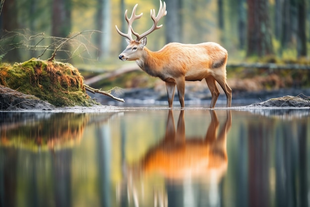 Reflectie van een eland op een rustig bosmeer