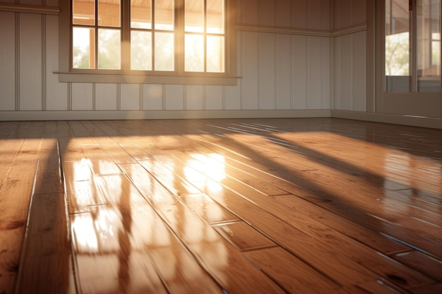 Reflectie van een schoon raam op een glanzende houten vloer