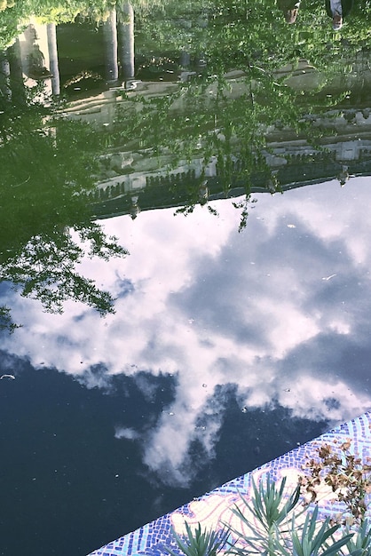 Foto reflectie van hemel en wolken op zwembad bij petit palais