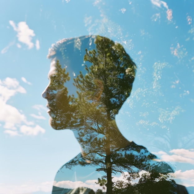 Reflectie van het hoofd van een man in het raam Helder portret van een bedachtzame uitdrukking